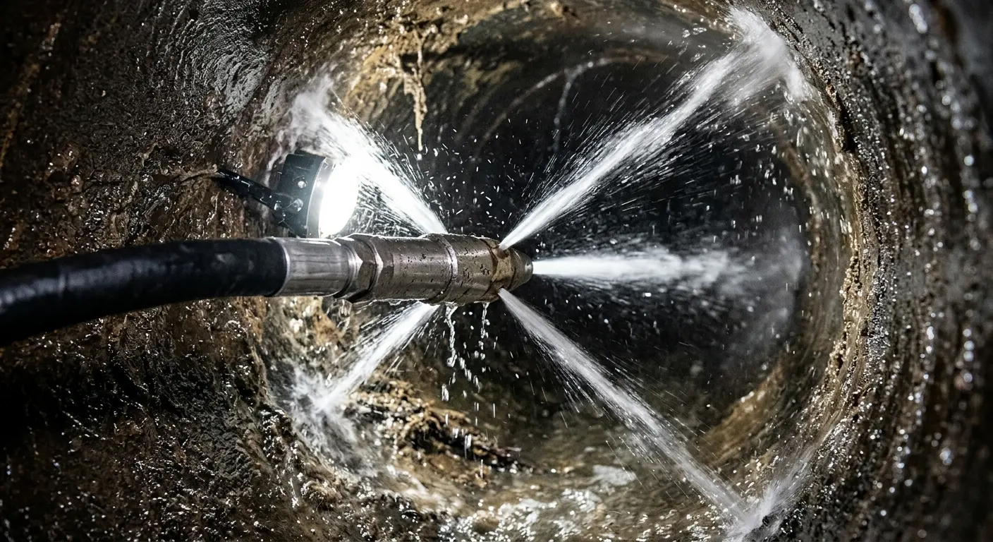High-pressure hydro jetting nozzle cleaning sewer pipe for Trenchless Sewer Repair in Carol Stream