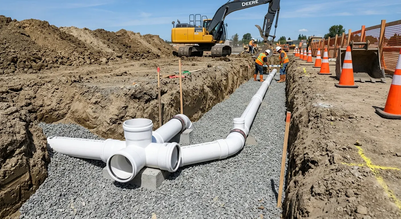 New PVC sewer pipe installation in open trench for Sewer Backup in Carol Stream