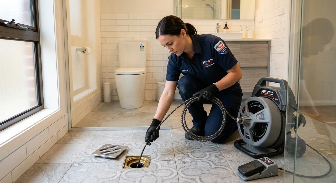 Technician clearing a bathroom floor drain for Drain Cleaning in Carol Stream